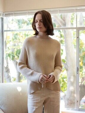 Erica Tanov Ellie Pullover 100% Cotton Sweater Cream Ribbed Natural Size Large